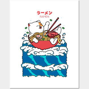 Cat and Ramen in the Wave Posters and Art